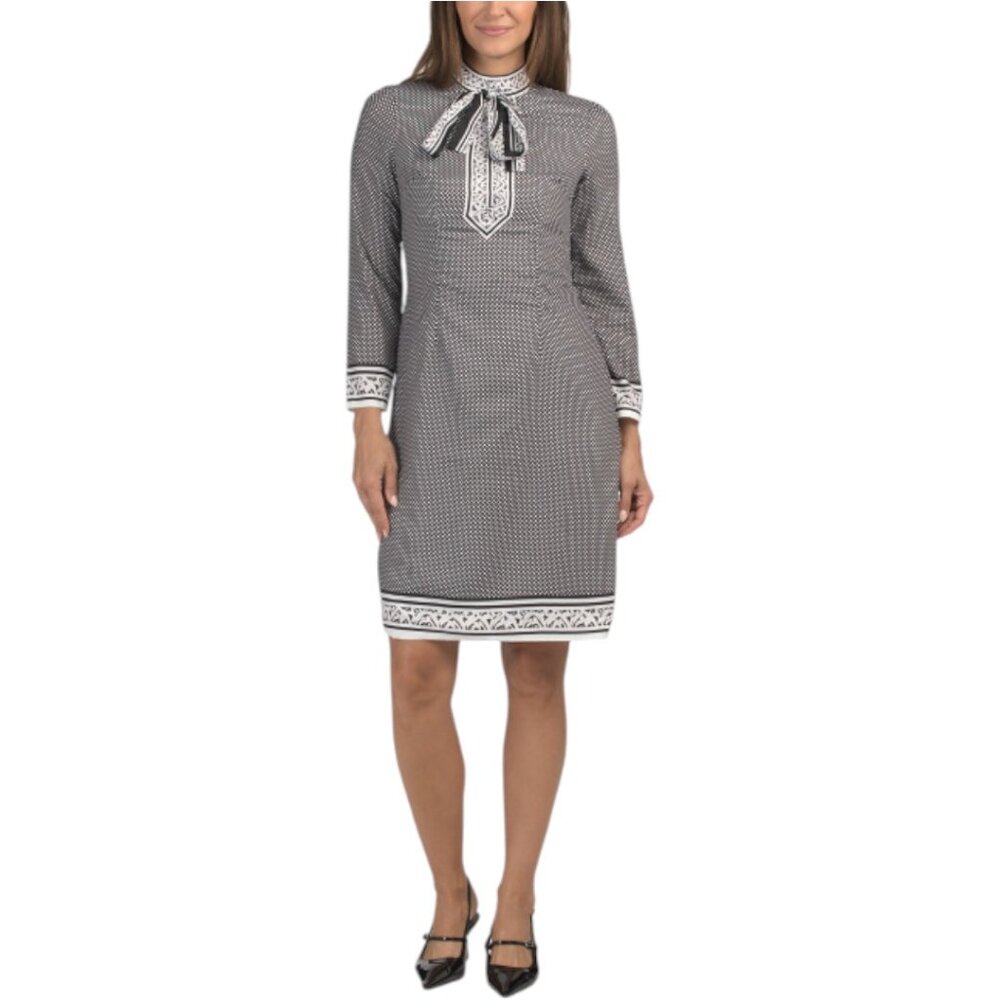 DALIA MACPHEE Long Sleeve Tie Neck Border Print Mini Dress - Picture 1 of 4